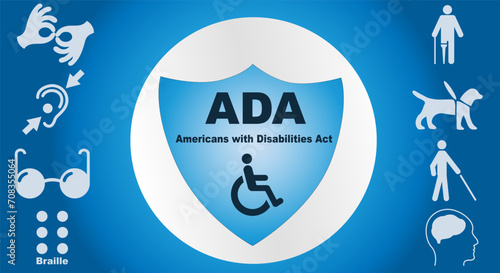 ADA, Americans with Disabilities Act. Concept with keywords, letters and icons. Colored flat vector illustration. Isolated on a light blue background.