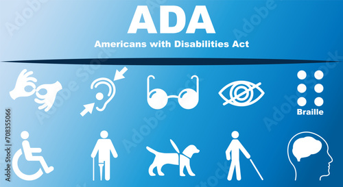ADA, Americans with Disabilities Act. Concept with keywords, letters and icons. Colored flat vector illustration. Isolated on a light blue background.