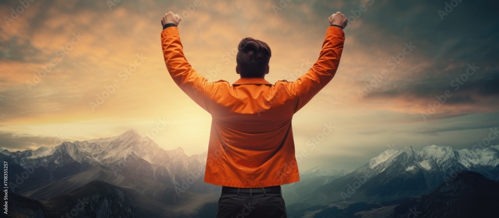 Energetic man in orange, celebrating success with mountain view. - obrazy, fototapety, plakaty 