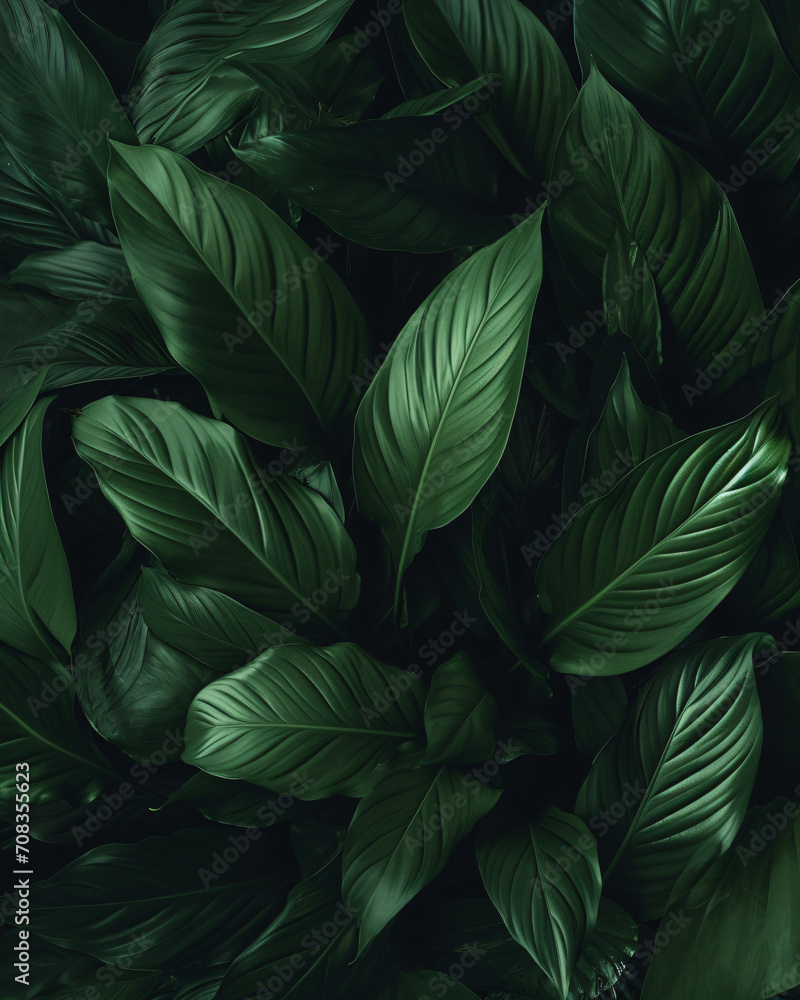 Tropical leaves of Spathiphyllum cannifolium, Peace lily, Fragrant spathiphyllum, ornamental plant. nature background
