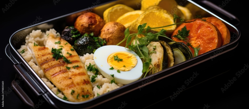 Curry fish, veggies, boiled eggs, tofu, and truffle risotto in a lunch box Curry fish, veggies, boiled eggs, tofu, and truffle risotto in a lunch box