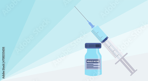 Ampoule with measles vaccine syringe with a dose of vaccine on a light background. Measles vaccination concept for children.