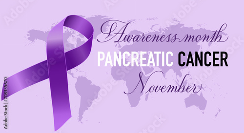Awareness month for pancreatic cancer banner vector template. Medical disease solidarity campaign. Oncological sickness prevention poster layout. Purple ribbon realistic illustration with typography.