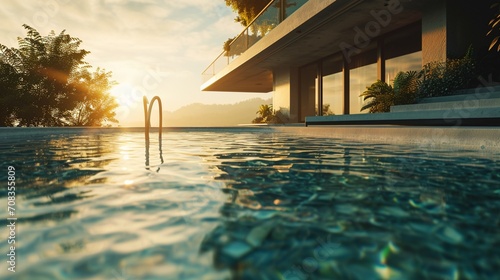 Indulge in the tranquility of a pool at dawn, where the morning sunlight caresses the crystal-clear water, 