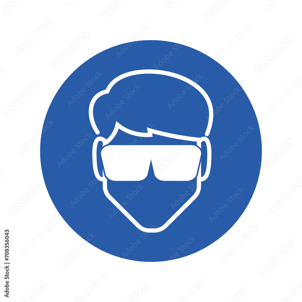 Isolated round blue instruction sign of mandatory to wear a safety glasses or goggle, eye protection sing Isolated round blue instruction sign of mandatory to wear a safety glasses or goggle, eye protection sing
