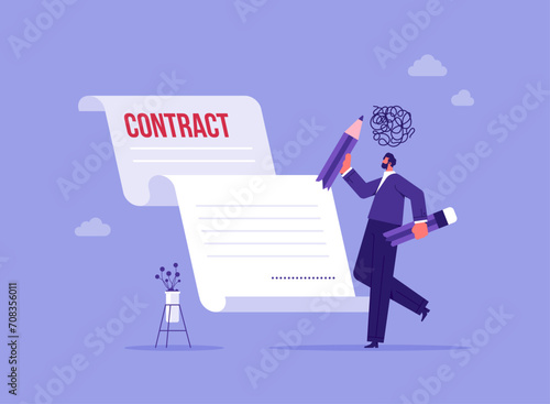Contract cancellation or agreement terminated concept, partnership breaking signed business deal, angry businessman holding big broken pencil in his hands