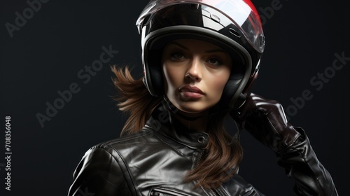 Captivating portrait of a young biker woman in a leather jacket and helmet, radiating a confident aura while facing the camera.