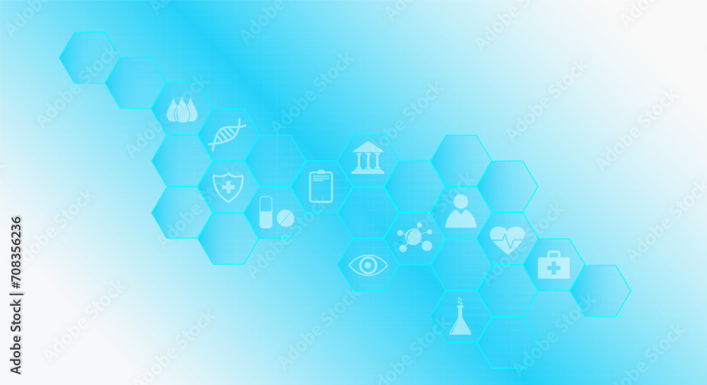 Digital medical science concept. Blue hexagon pattern with health care icons. Design for your ad, presentation, banner, template. medical background Digital medical science concept. Blue hexagon pattern with health care icons. Design for your ad, presentation, banner, template. medical background