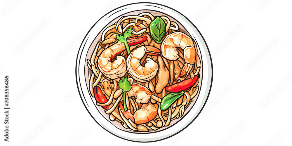 top down view of an isolated bowl of Pad Thai, showcasing the colorful mixture of noodles, shrimp and peanuts on a transparent and clean background.