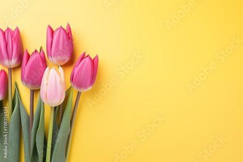 tulips frame border, a pink bouquet of tulips on a yellow background with copy space. 
