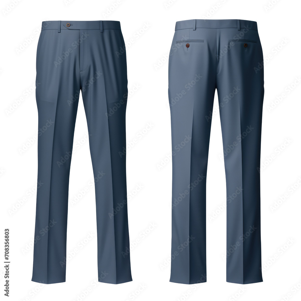 Blue formal trousers with details on a transparent background. Front and back. Blue formal trousers with details on a transparent background. Front and back.