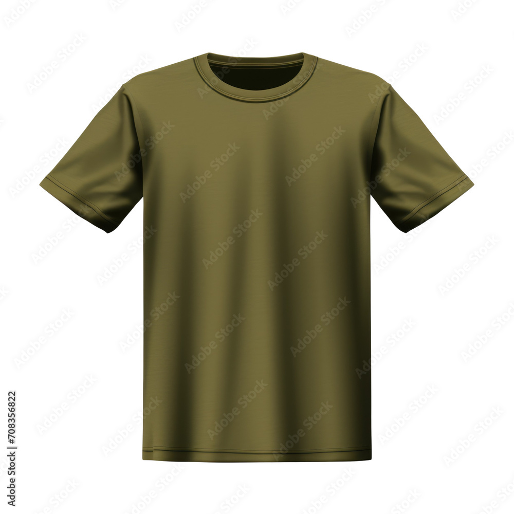 Plain olive green flat lay T-shirt on a transparent background.