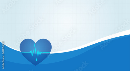 Heart and Pulse, abstract medical background in blue color with gradient. Copy space.