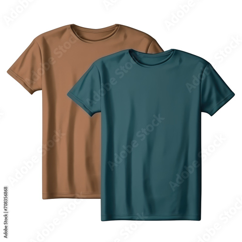Two plain flat-lay T-shirts in brown and petrol blue on a transparent background.