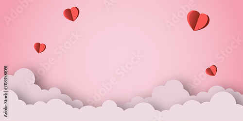 simple pink cloud and heart love background cut paper shadow 3d style