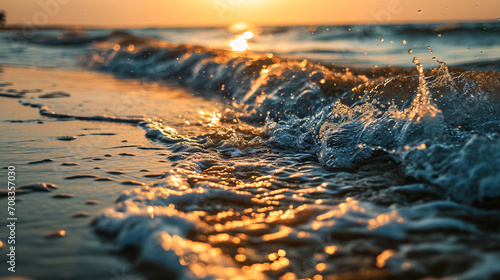 Panoramic sunset, with golden colors reflected in the waves.