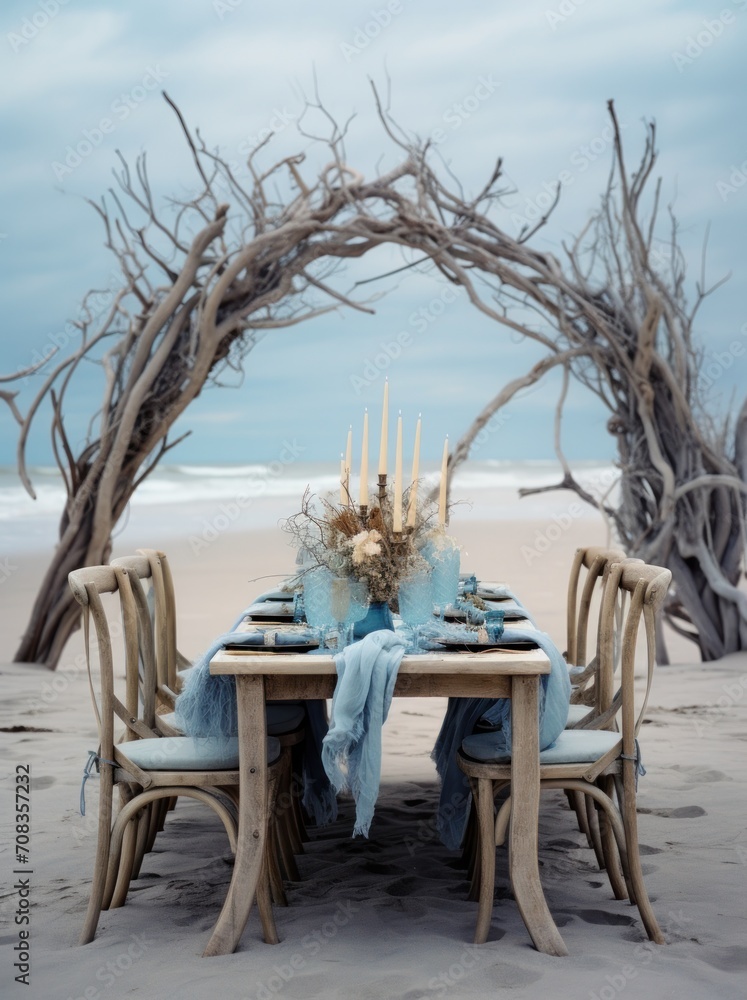 An elegant outdoor dining arrangement on a sandy beach with a natural driftwood arch and serene view