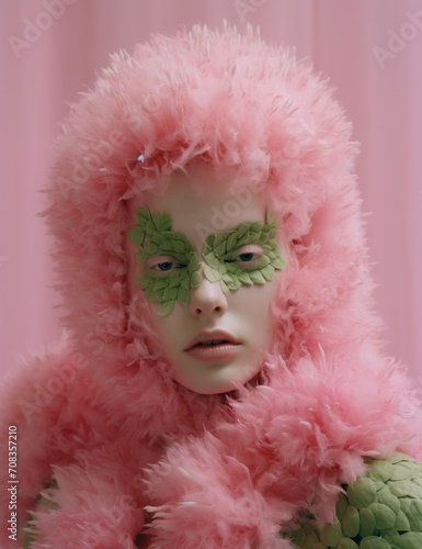 Artistic portrait of a woman with a pink fur hood and leaves covering her eyes