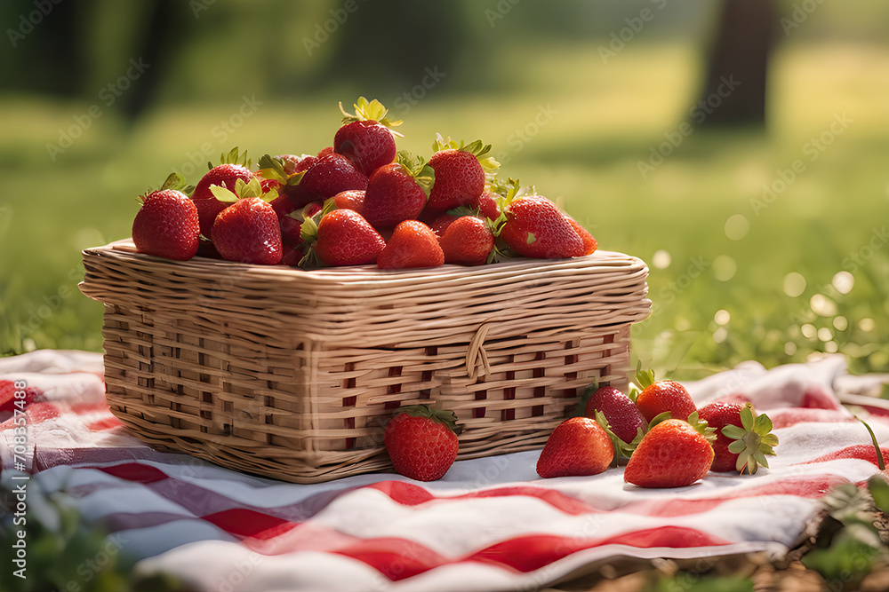 Fresh strawberries in a picnic basket Fresh strawberries in a picnic basket