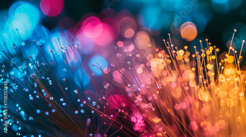 An up-close view of a cluster of vibrant, illuminated fiber optic cables photo