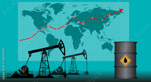 Graphic growth and oil rig. Oil quotes are growing. Oil production. Red arrow the rise in prices for petroleum products in the market. upward trend. Economic crisis