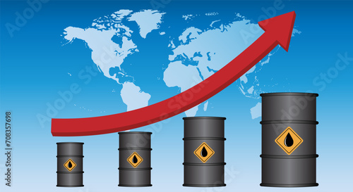 Oil price is rising, uptrend, banner with an arrow and oil barrels on the background of the world map.