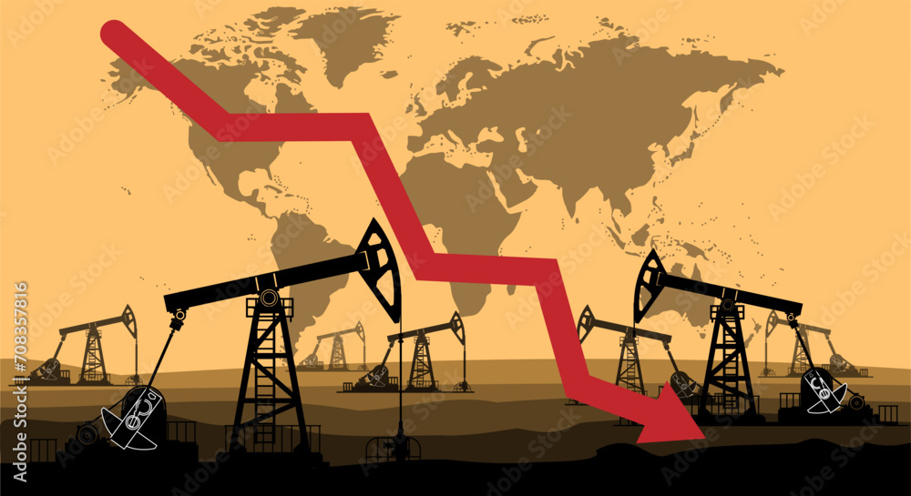 Fototapeta premium Oil price falls down, recession, banner with an arrow and oil rigs on the background of the world map. Economic crisis