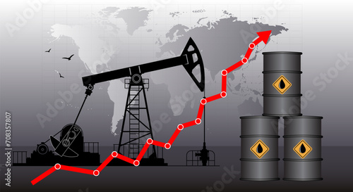 Graphic growth and oil rig. Oil quotes are growing. Oil production. Red arrow the rise in prices for petroleum products in the market. upward trend