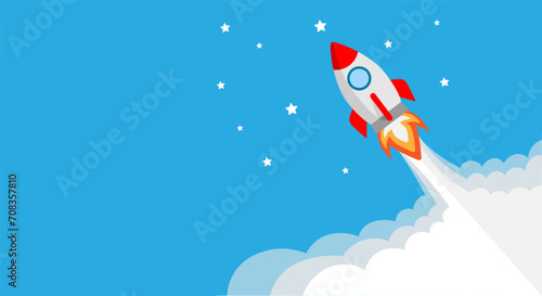 Startup project. Horizontal concept, banner, rocket launch.