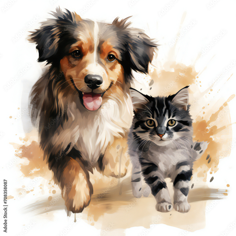 Obraz premium Dog and cat watercolor art white background