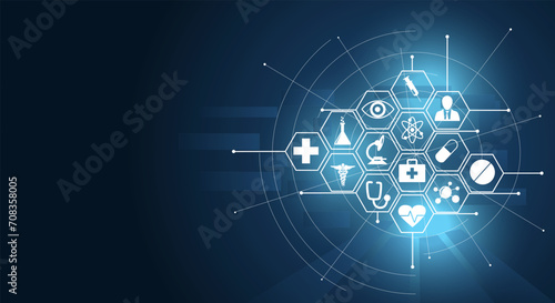 Medical innovation concept background. Health care icons on a blue background.
