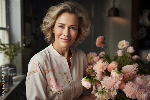 Portrait of a smiling middle-aged woman with short blonde hair and blue eyes, wearing a floral shirt, standing in front of a bouquet of pink flowers. © duyina1990