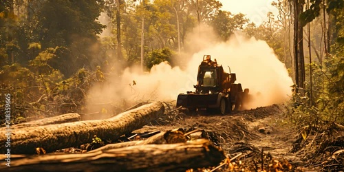Tropical forest being cleared, an excavator clearing land of vegetation, dust in the air. The concept of deforestation and human impact on nature. photo