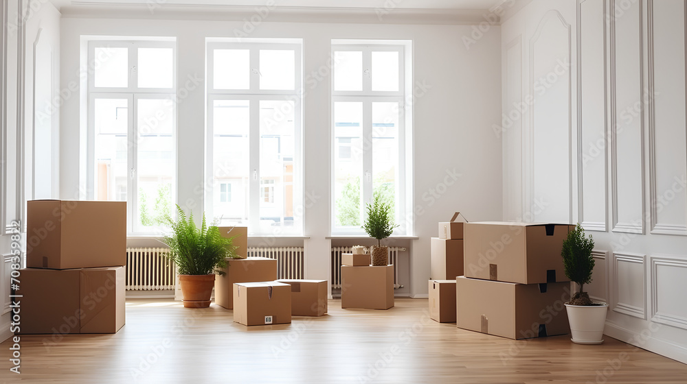 Boxes with things and indoor plants are in an empty bright room, moving. Boxes with things and indoor plants are in an empty bright room, moving.