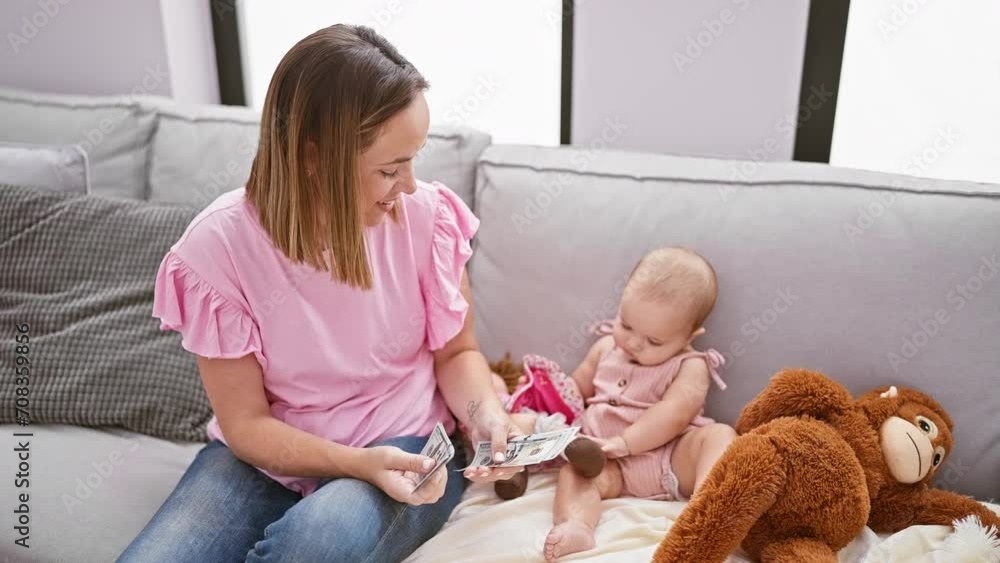 At home on the sofa, a confident mother counts dollars, investing in her daughter's lovely childhood as she plays with dolls At home on the sofa, a confident mother counts dollars, investing in her daughter's lovely childhood as she plays with dolls