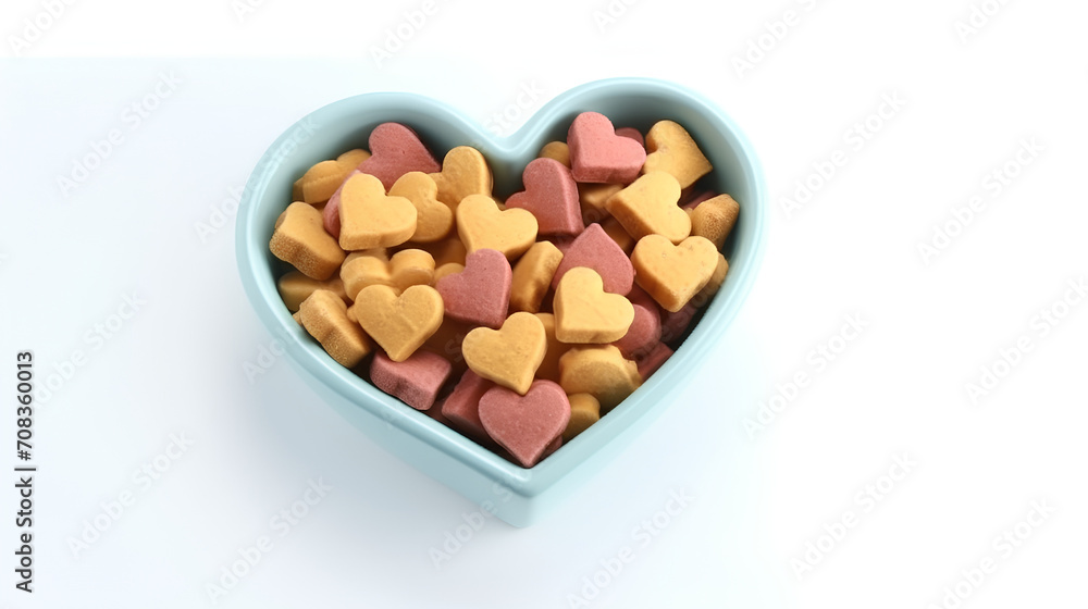 A full bowl of balanced animal food in the shape of a heart. A full bowl of balanced animal food in the shape of a heart.