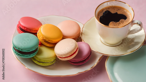 Morning cup of coffee and colorful cake macaron or macaroon top view. Flat lay