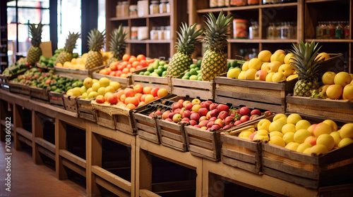 A market with a wide variety and assortment of fresh, vitamin-rich fruits and vegetables on the counter.