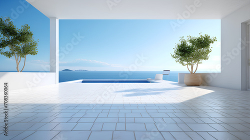 Modern architecture with a swimming pool. Minimalism, blue sky, 3D rendering.