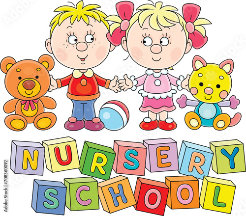 Happy little girl and boy with their funny toy bear and cat at a nursery school, vector cartoon illustration isolated on a white background