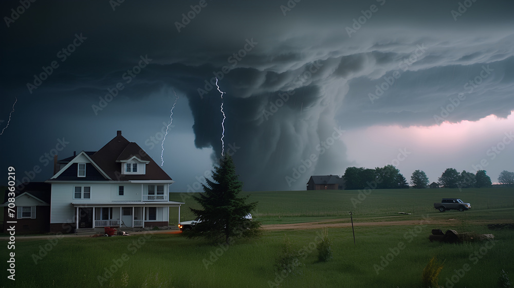 A view of a devastating tornado near residential buildings. A view of a devastating tornado near residential buildings.