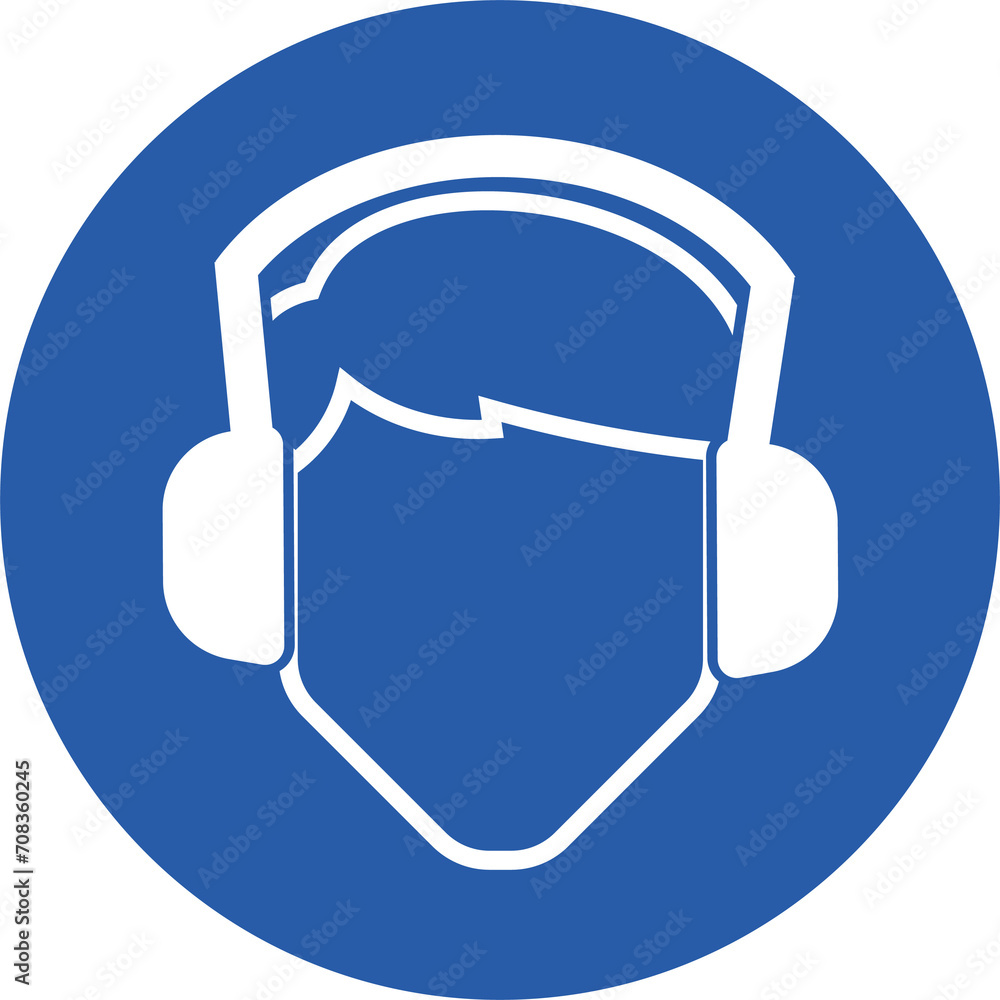 Isolated round blue instruction sign of mandatory to ear cover, noise loud sound ears safety protection sign Isolated round blue instruction sign of mandatory to ear cover, noise loud sound ears safety protection sign