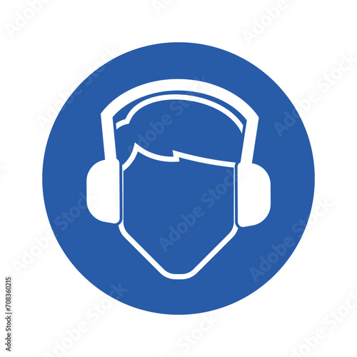 Isolated round blue instruction sign of mandatory to ear cover, noise loud sound eard safety protection sign photo