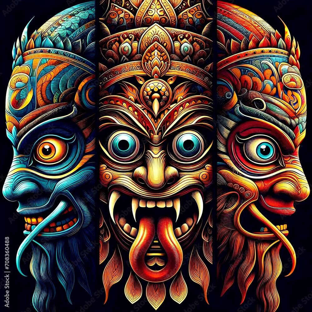 Naklejka premium Sri Lanka Traditional Mask Art - Cultural Masks in Vivid Colors: A Journey into Sri Lanka Traditional Art Style.