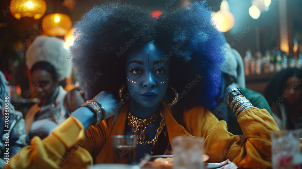 Blue, African American-modeled, alien in a restaurant