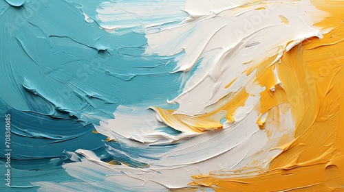 Fototapeta Naklejka Na Ścianę i Meble -   aqua yellow and white paint strokes on canvas, a close up of a painting of a pink and blue wave, Abstract colorful oil painting on canvas. Oil paint texture with brush and palette knife strokes
