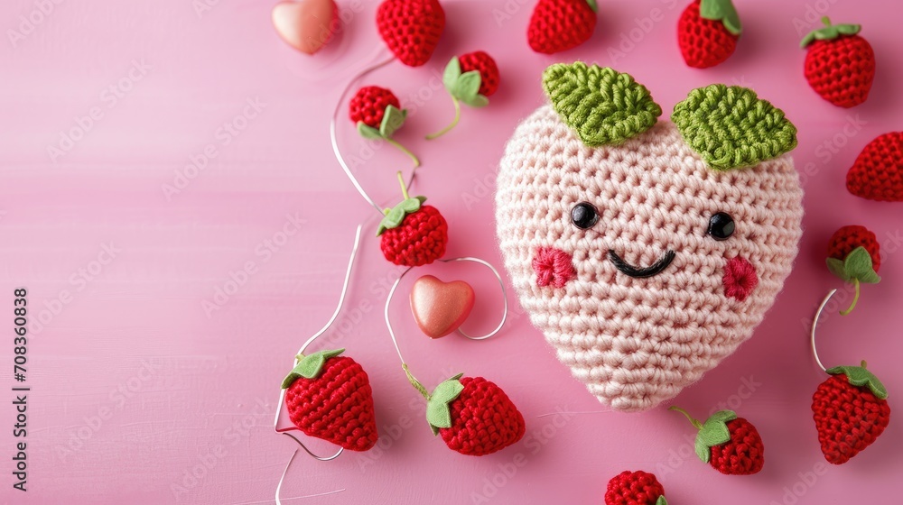 A Picture of a Crocheted Cute Strawberry, Ai Generated