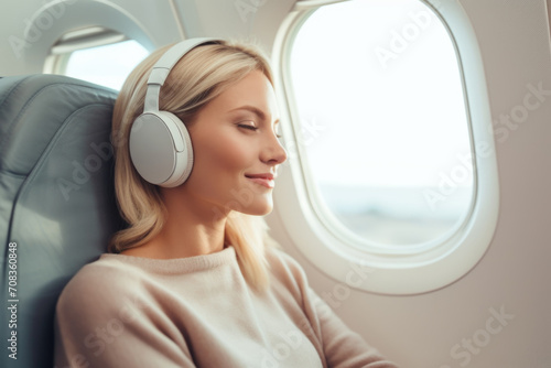 Relaxed woman with headphones sitting in an airplane next to the window. photo