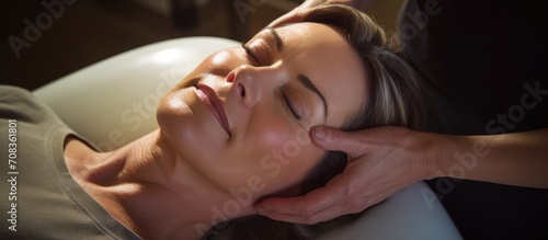 Middle-aged woman enjoying head massage in spa, relaxed on table with closed eyes, receiving beauty treatments at cosmetologist's office, seen from above.
