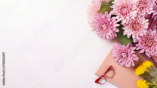 Unique Teacher s Day Celebration  Top-View Image with Chalk  Glasses  Chrysanthemums  and Gift Box on White Backdrop. Ample Space for Text or Promotions.
